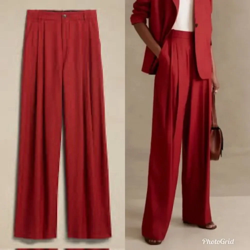 Banana Republic Cherry Red Lena Wide-leg Linen-blend Pant Trousers